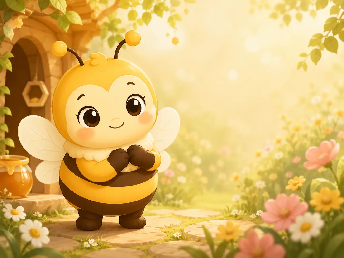 Bivi, a small friendly bee, standing outside a house, surrounded by nature